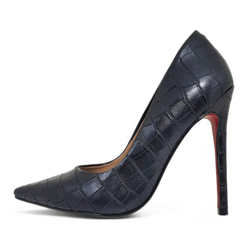 Scarpin Preto Fosco Salto 12 cm Croco
